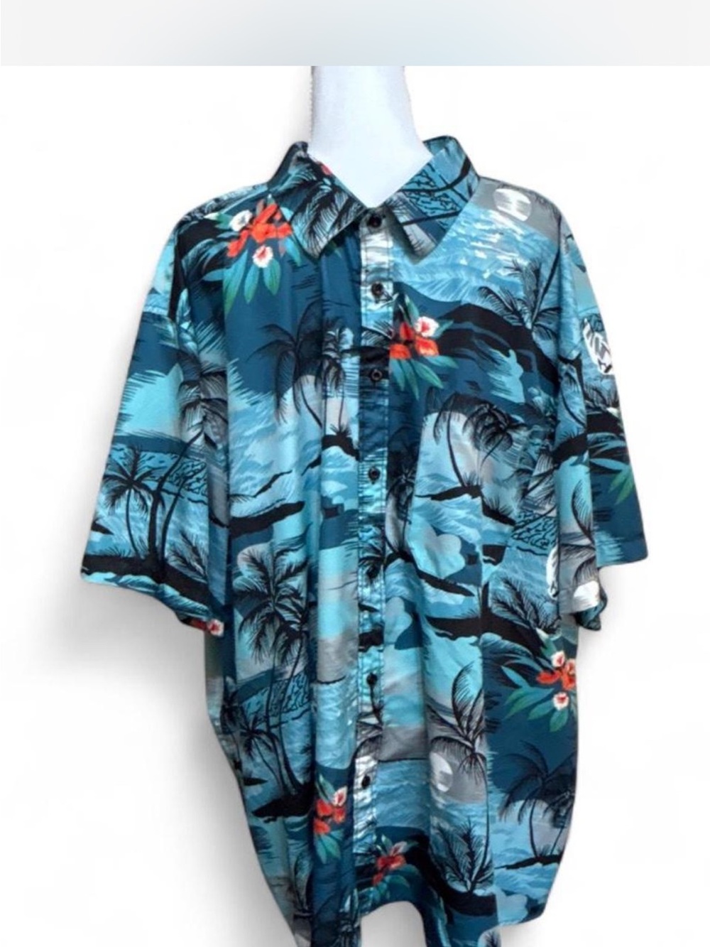 Men's big and tall 4XL Teal Blue Tropical Print Short-Sleeve Button-Up Shirt